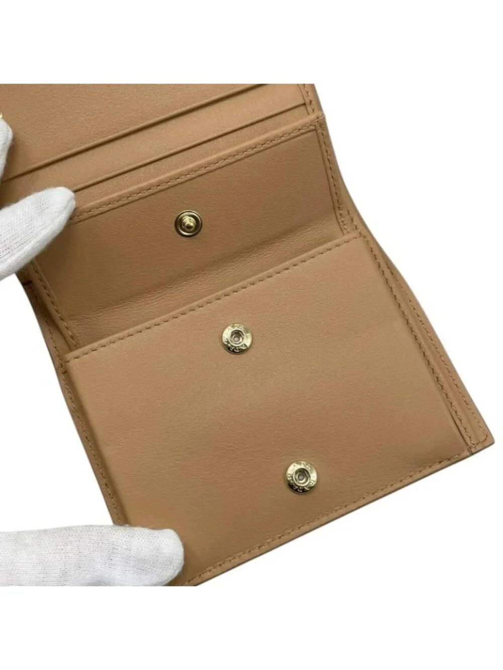 Prada Bifold Wallet Studded Leather Triangle Logo Natural Beige Gold - Picture 7 of 11